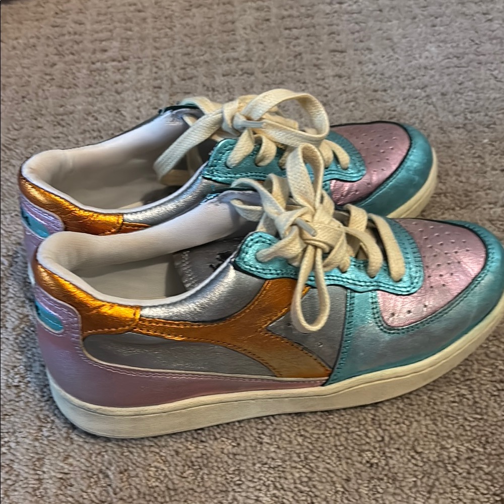 Diadora Silver and Blue Sneakers with Gold Accents